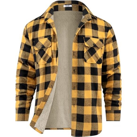 Men's Sherpa Lined Flannel Shirt Jacket Yellow Black - Picture 1 of 6